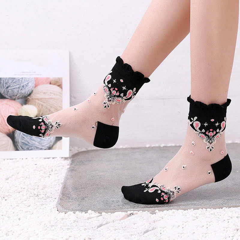 Mesh Flowers Ultrathin Transparent Lace Elastic Socks 2 Pairs, Western ...