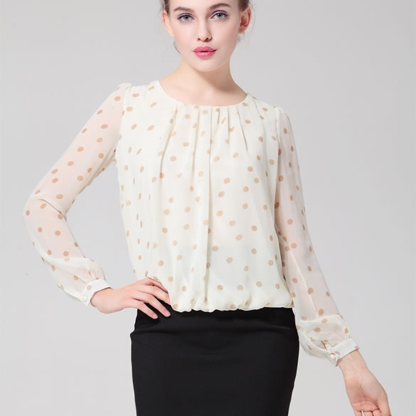 Polka Dot Round Neck Long Sleeve Chiffon Top, Western Wear, Tops Free ...