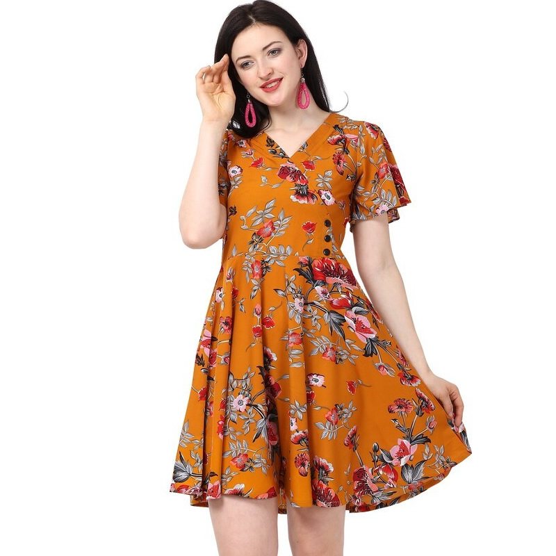 Floral Print V-Neck Flare Dress, Western Wear, Dresses Free Delivery India.