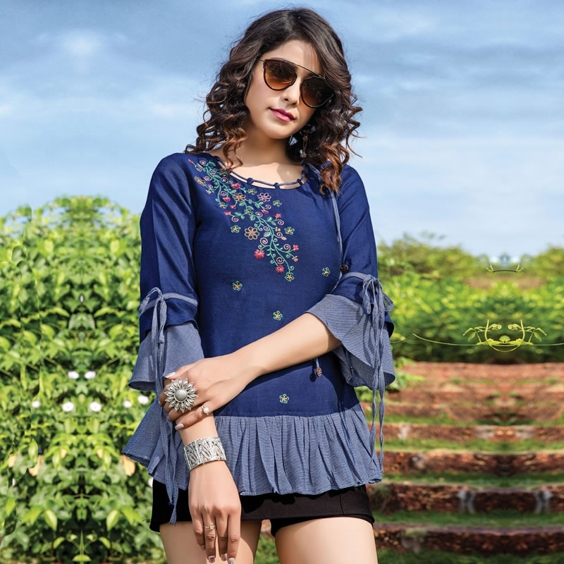Embroidered Floral Round Neck Short Kurti Top, Western Wear, Tops Free ...