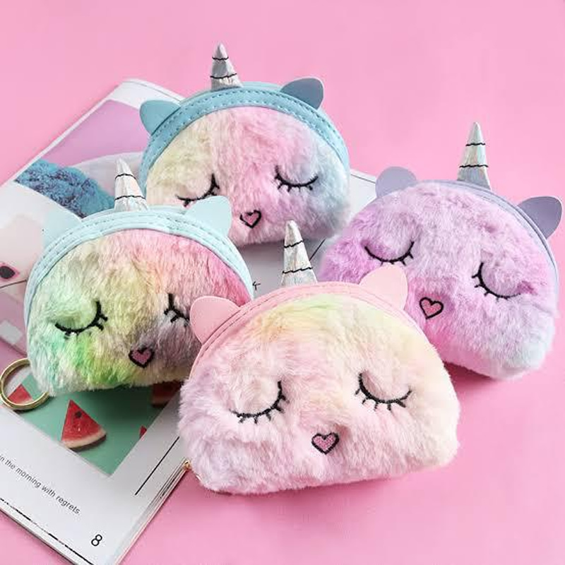 Colorful Unicorn Faux Fur Mini Coin Zipper Wallet - 4.5 Inch, Bags ...