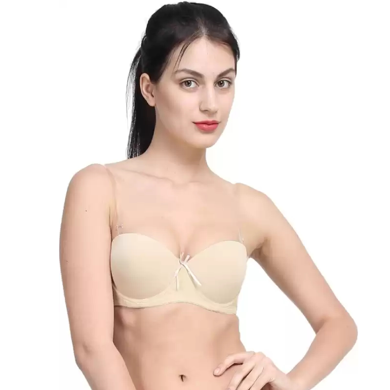 Beige Solid Transparent Straps Lightly Padded Push-Up Bra