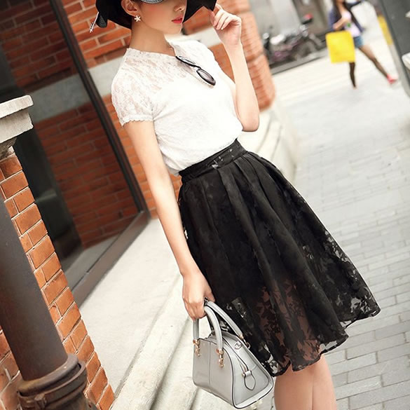 Double Layer Lace Pleated Retro Elastic Waist Skirt , Western Wear ...