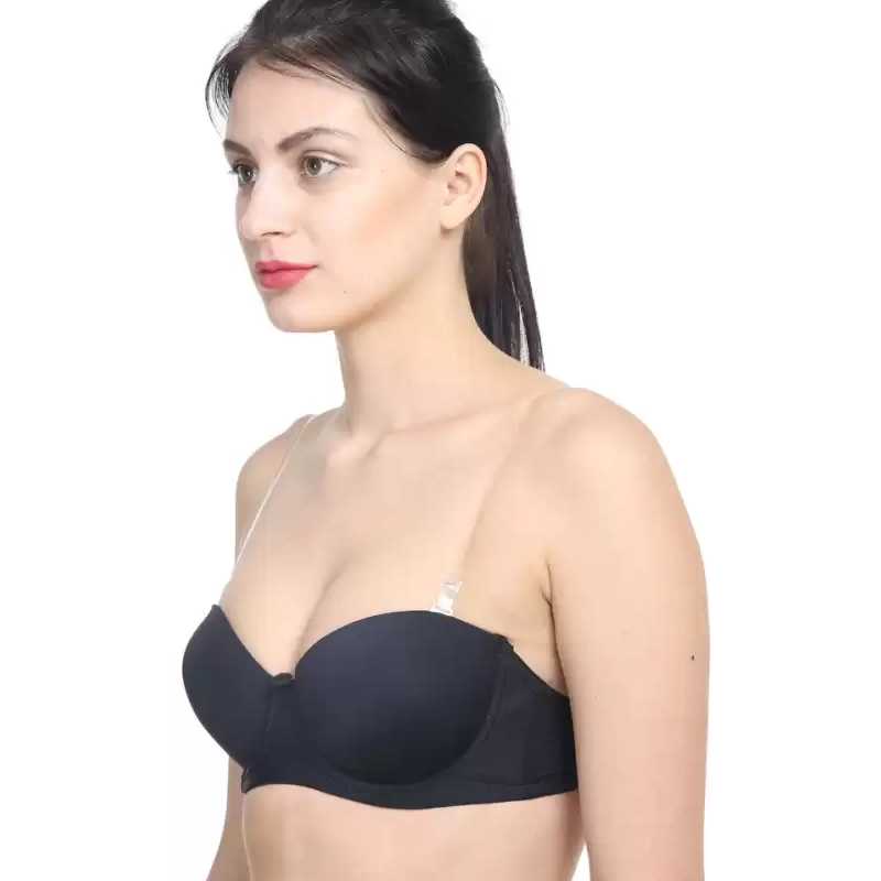 Women's Heavy Padded Underwired transparent Strap Push-up Bra ( BLACK )