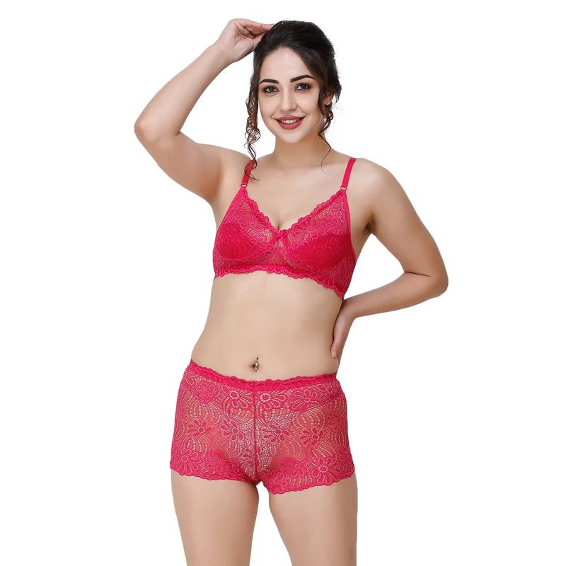 Net Lace Floral Embroidered Bra and Boyshort Panty Set